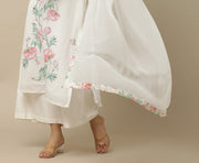 White Peony Printed Cotton Suit With White Chiffon With Printed Floral Border - Kurta & Pant with Dupatta