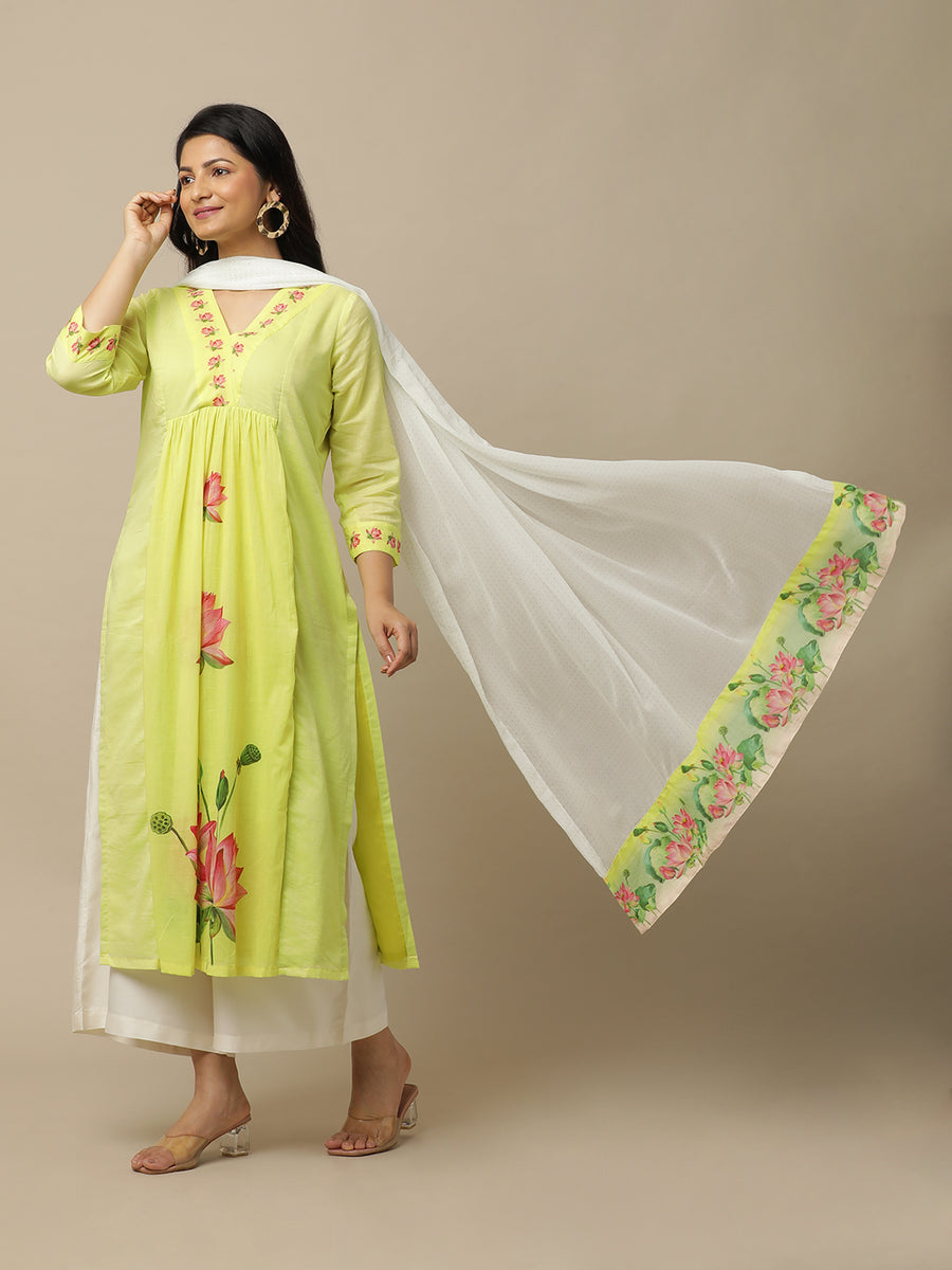 Yellow Lotus Printed Cotton Suit