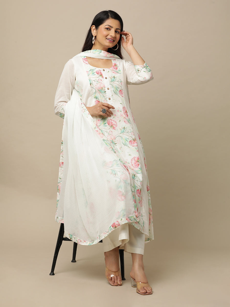White Peony Printed Cotton Suit With White Chiffon With Printed Floral Border - Kurta & Pant with Dupatta