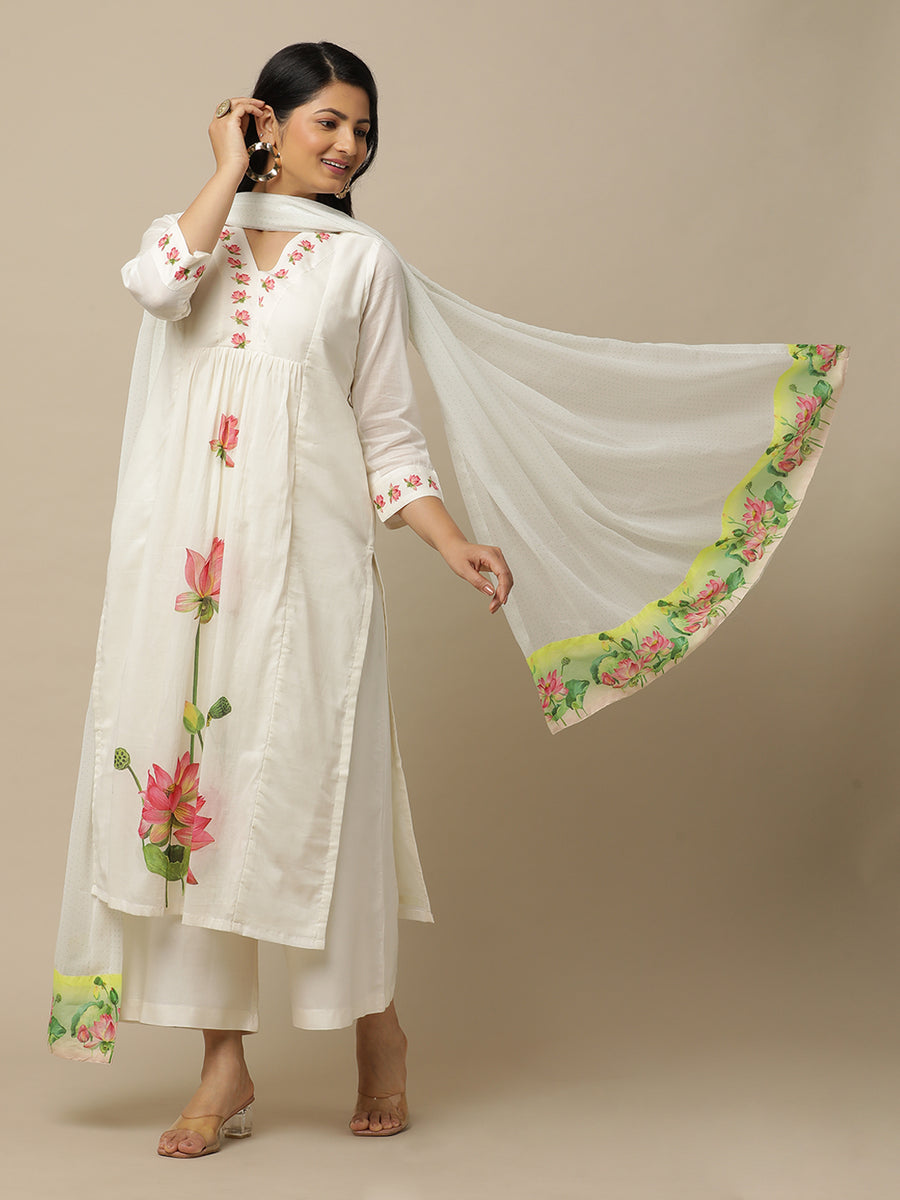 Ivory Lotus Printed Cotton Suit With White Chiffon Dupatta - Kurta & Pant with Dupatta