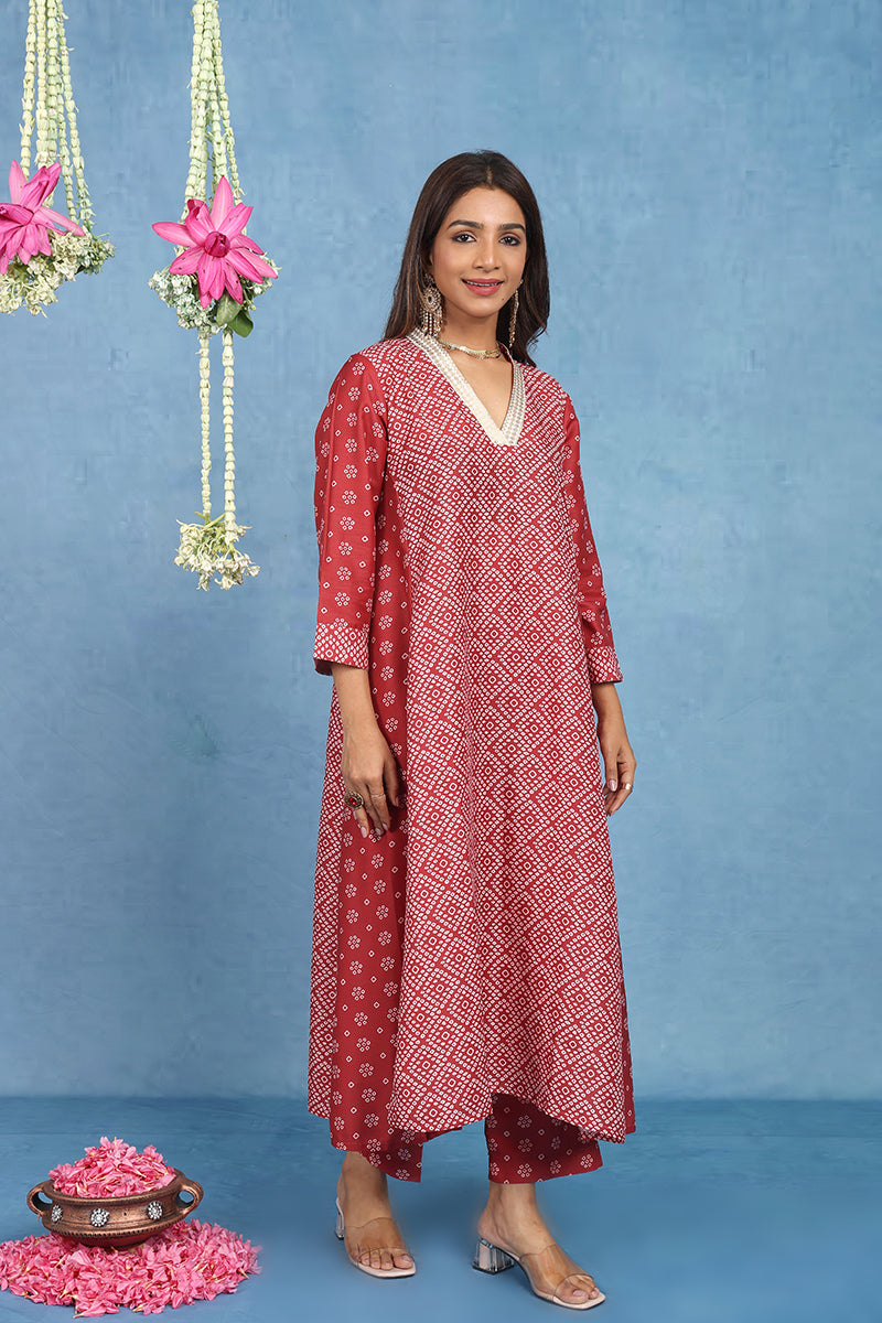 Malhaar Red Bhandini Cotton Kurta