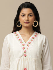 Ivory Lotus Printed Cotton Suit With White Chiffon Dupatta - Kurta & Pant with Dupatta