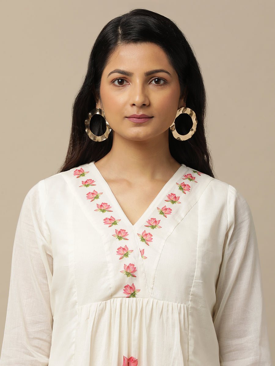 Ivory Lotus Printed Cotton Suit With White Chiffon Dupatta - Kurta & Pant with Dupatta