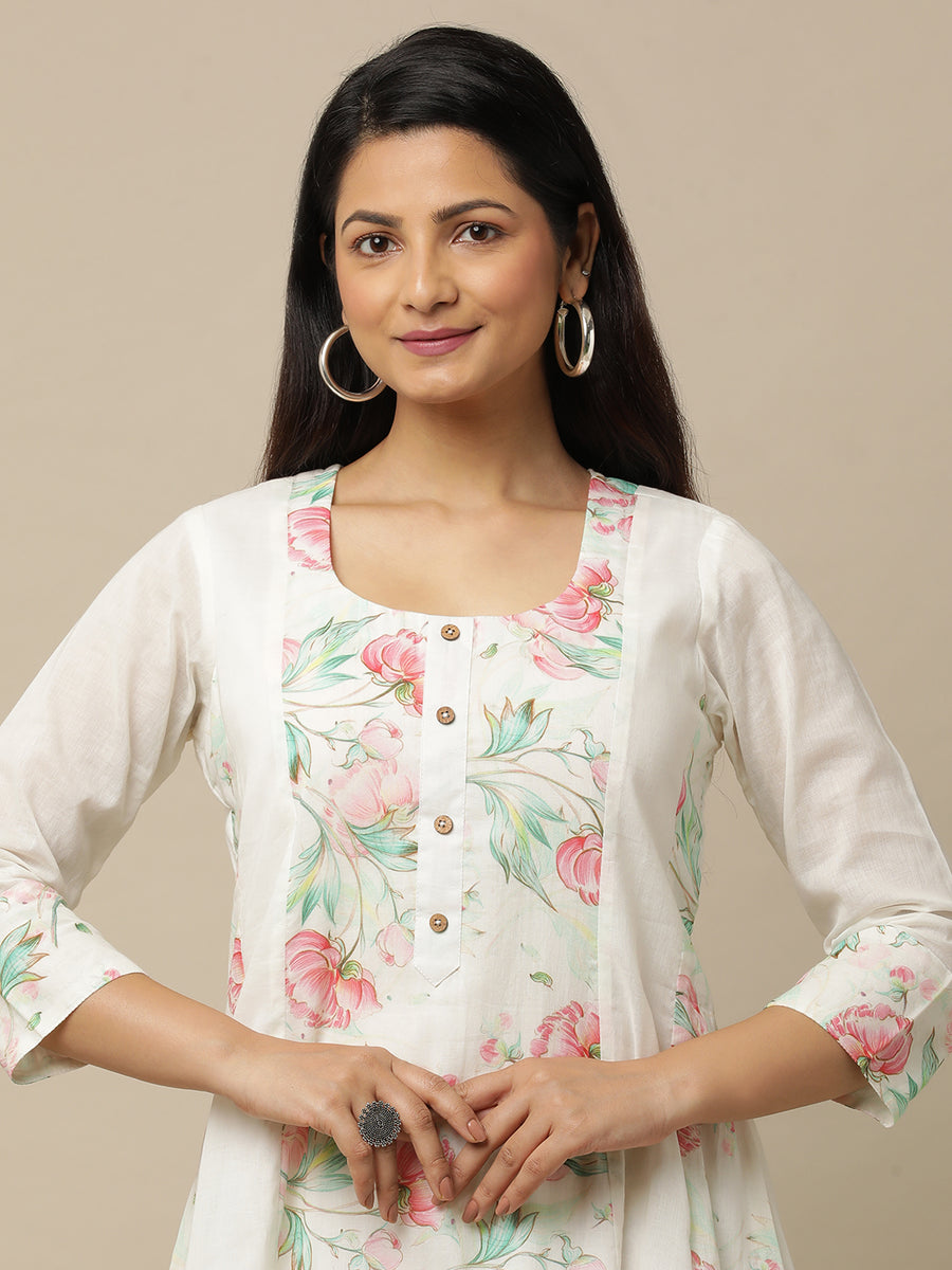 White Peony Printed Cotton Suit