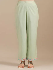 Lime Green Linen Kurta With Printed Border And Organza Yoke  With Cotton Pants -set Of 2