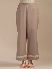 Hazelnut Handwoven Linen Kurta With Printed Border And Organza Yoke With Cotton Pants -set Of 2