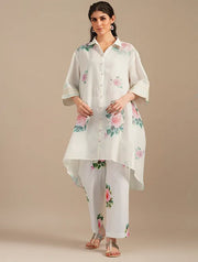 Cool White Sugar Swizzle Handwoven Chanderi Silk Kurta With Floral Cotton Pants -set Of 2