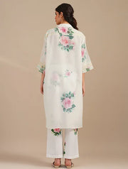 Cool White Sugar Swizzle Handwoven Chanderi Silk Kurta With Floral Cotton Pants -set Of 2
