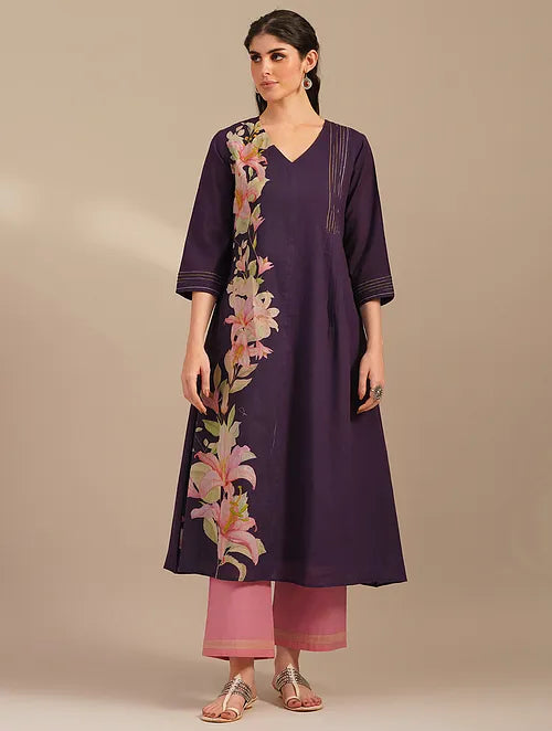 Mulberry Lillies Of The Valley Cotton Kurta With Cotton Pants -set Of 2