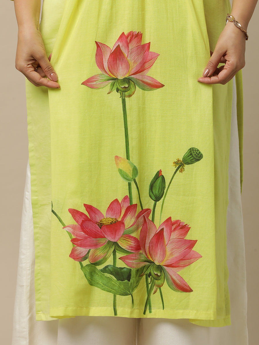 Yellow Lotus Printed Cotton Suit