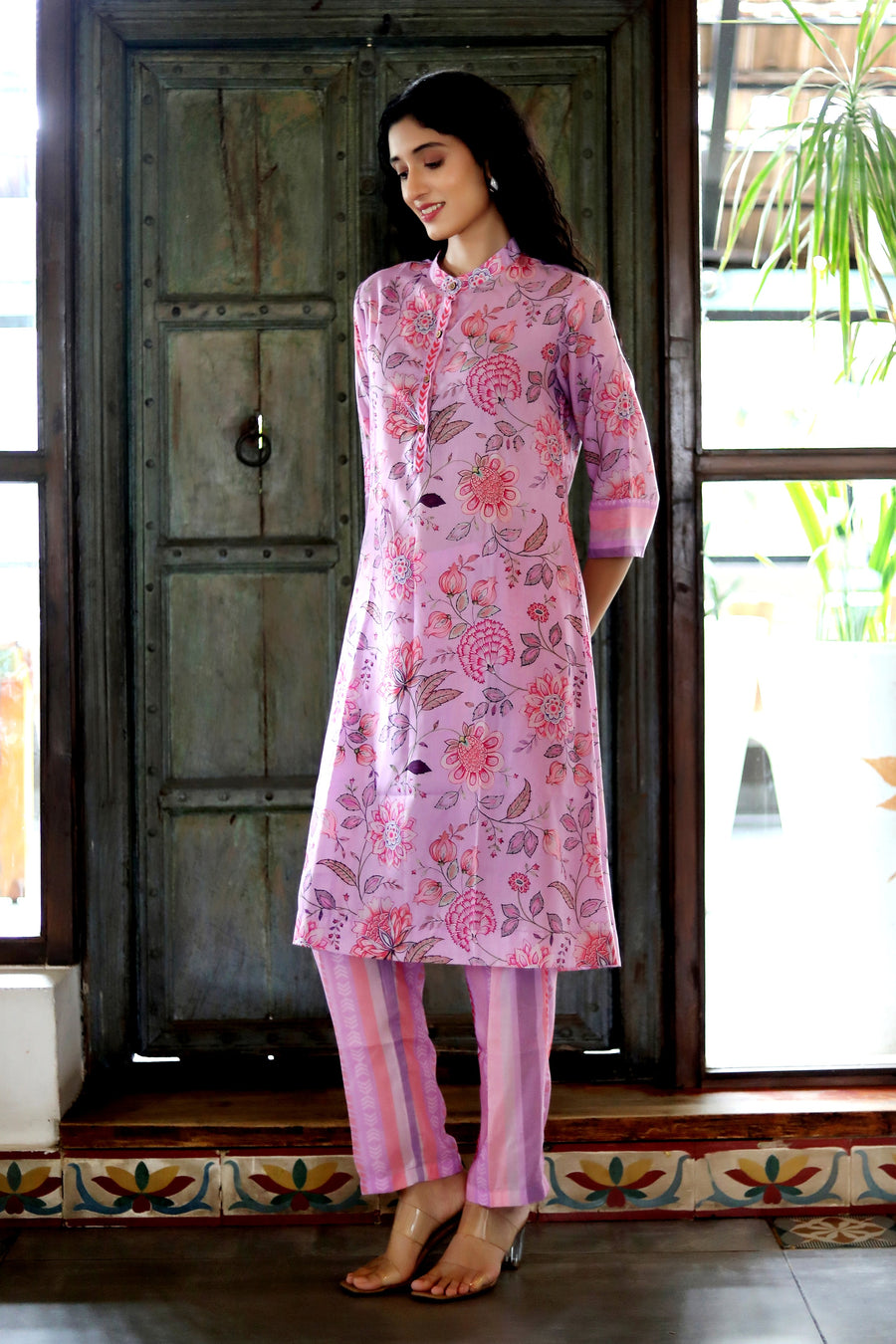 Orchid Cord Set In Cotton Blend With Striped Muslin Pants - Kurta & Pant