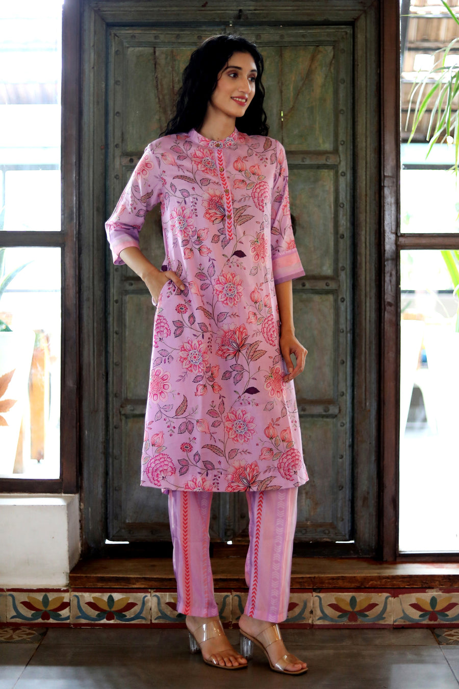 Orchid Cord Set In Cotton Blend With Striped Muslin Pants - Kurta & Pant
