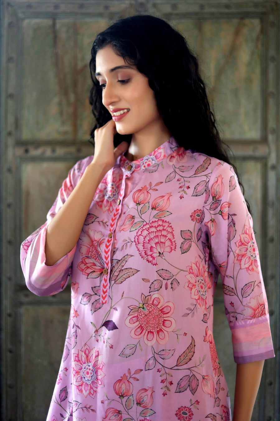 Orchid Cord Set In Cotton Blend With Striped Muslin Pants - Kurta & Pant