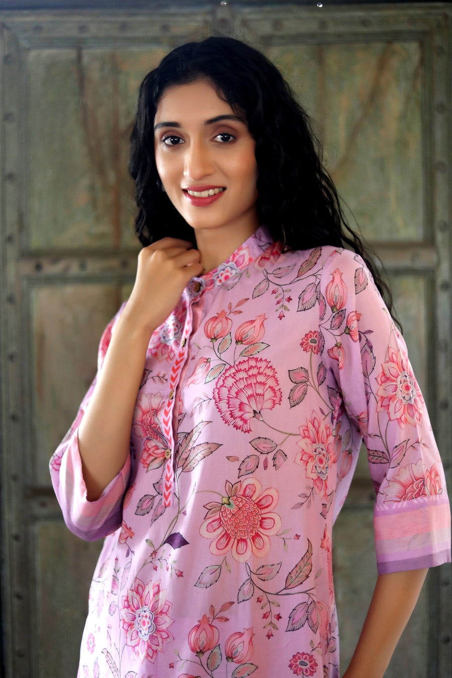 Orchid Cord Set In Cotton Blend With Striped Muslin Pants - Kurta & Pant