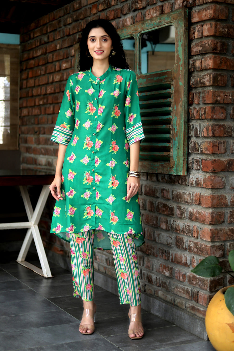 Leaf Green Hydranchea Cord Set With Matching Sriped Muslin Pants - Kurta & Pant