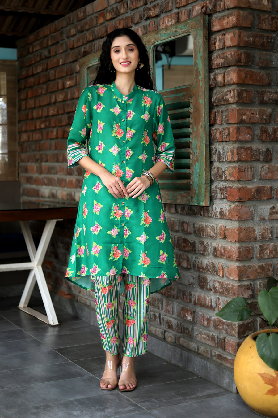 Leaf Green Hydranchea Cord Set With Matching Sriped Muslin Pants - Kurta & Pant