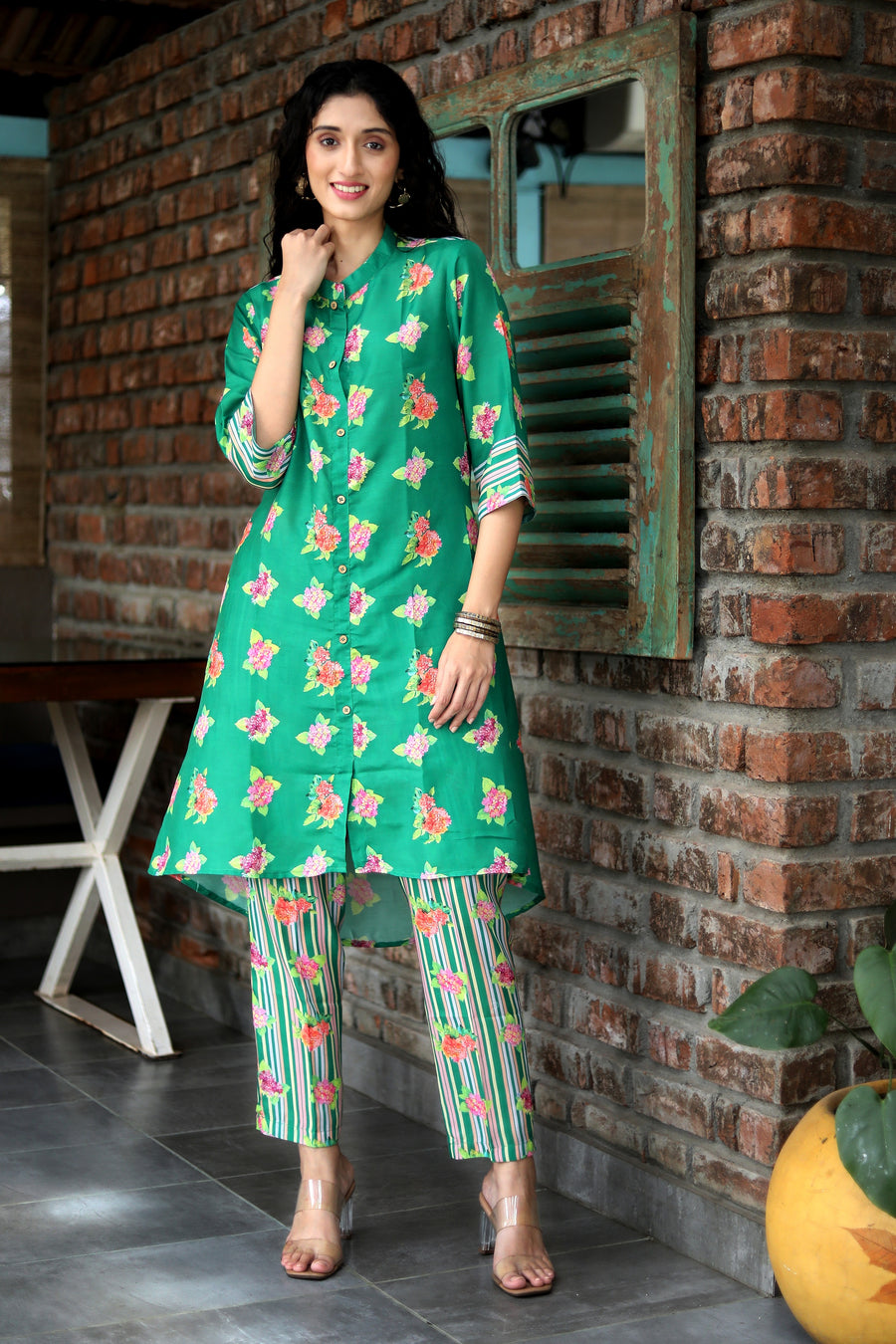 Leaf Green Hydranchea Cord Set With Matching Sriped Muslin Pants - Kurta & Pant