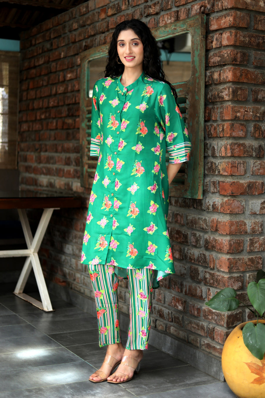 Leaf Green Hydranchea Cord Set With Matching Sriped Muslin Pants - Kurta & Pant