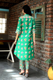 Leaf Green Hydranchea Cord Set With Matching Sriped Muslin Pants - Kurta & Pant
