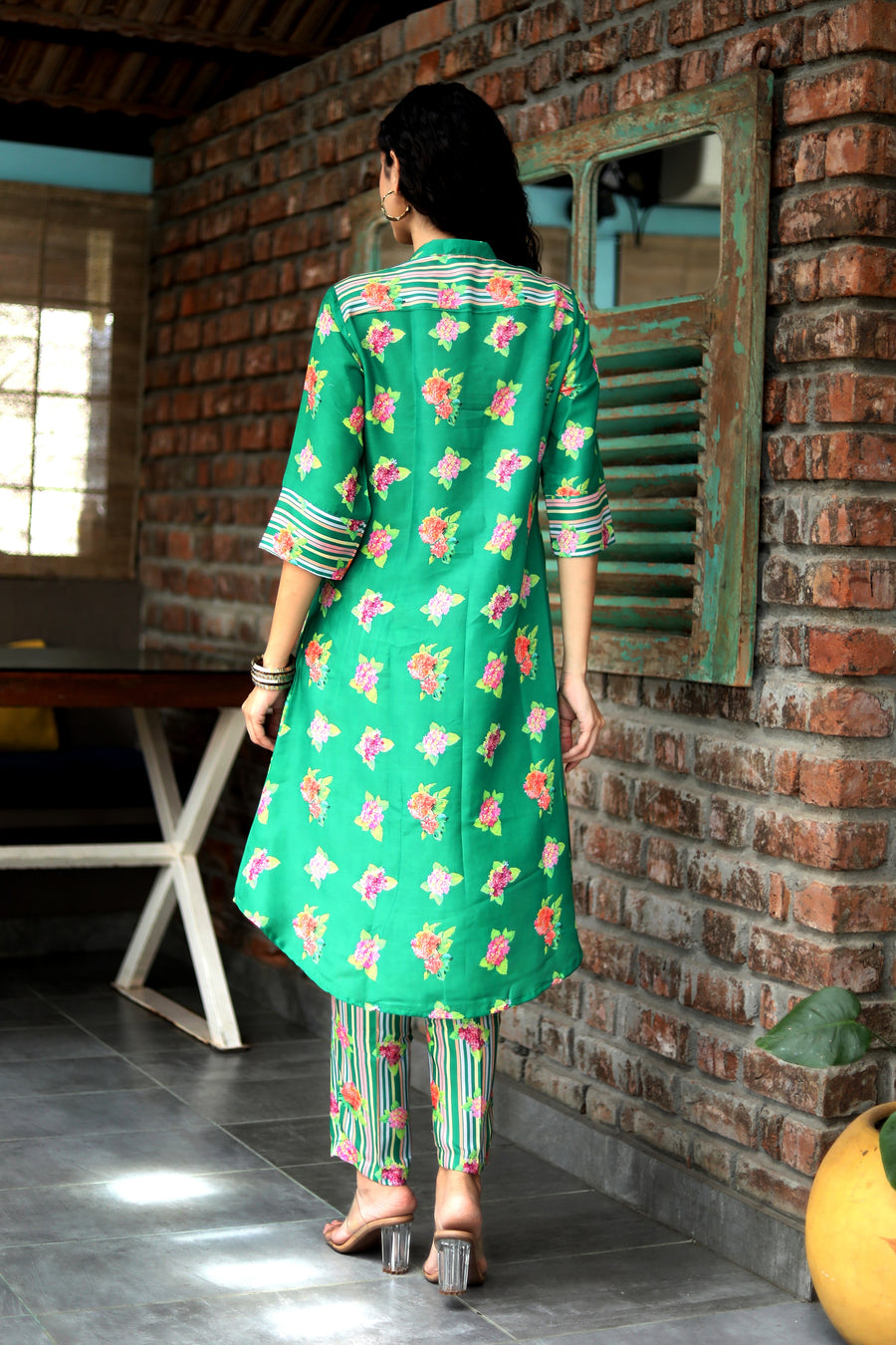 Leaf Green Hydranchea Cord Set With Matching Sriped Muslin Pants - Kurta & Pant