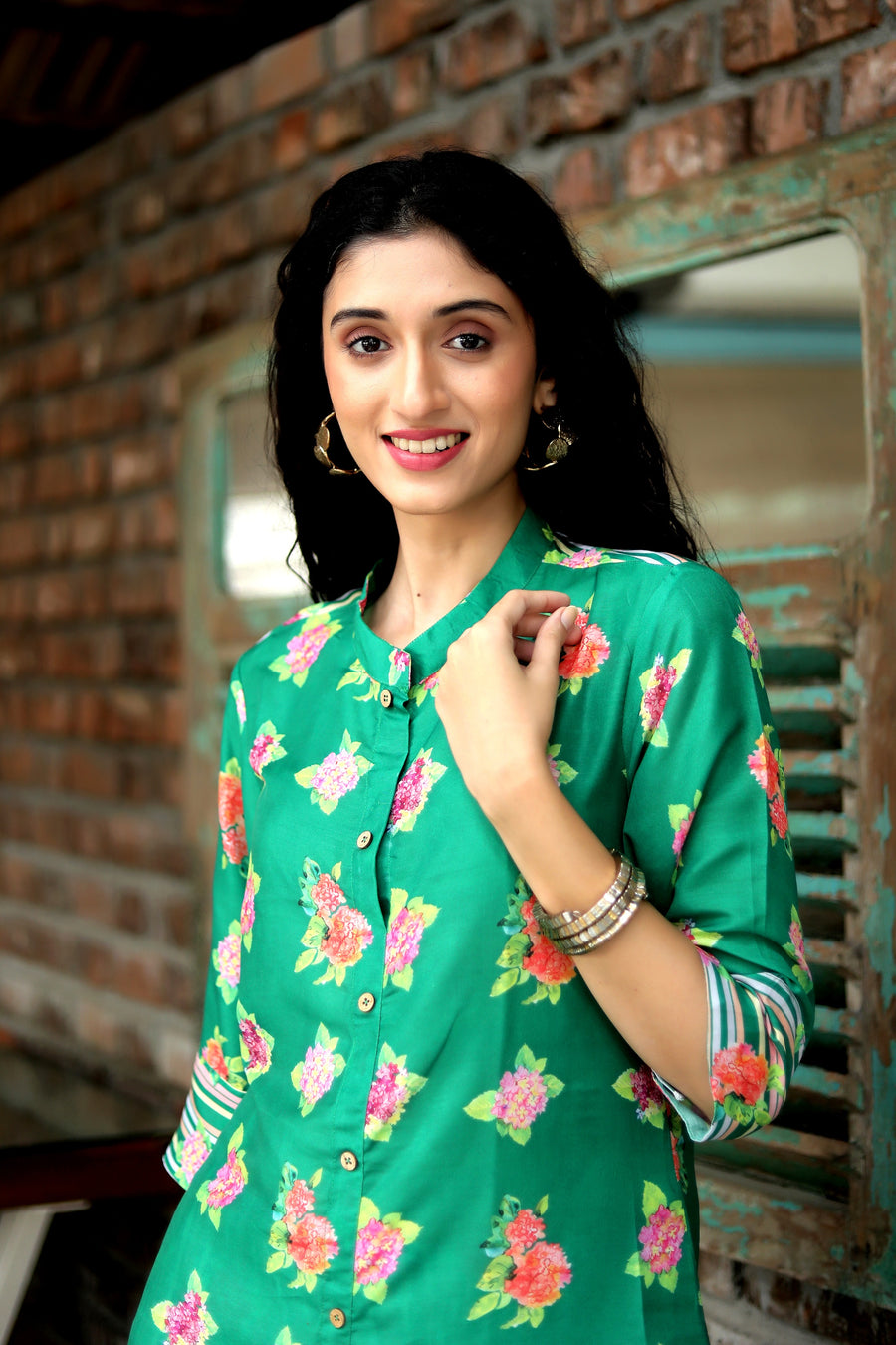 Leaf Green Hydranchea Cord Set With Matching Sriped Muslin Pants - Kurta & Pant