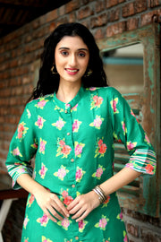 Leaf Green Hydranchea Cord Set With Matching Sriped Muslin Pants - Kurta & Pant