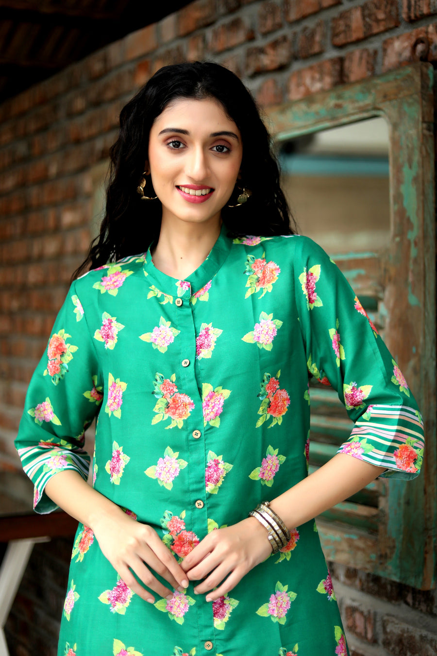 Leaf Green Hydranchea Cord Set With Matching Sriped Muslin Pants - Kurta & Pant
