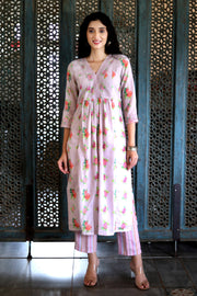 Lavender Lilac Cotton Patterned Kurta With Vintage Floral Design With Chanderi Dupatta - Kurta & Pant & Dupatta