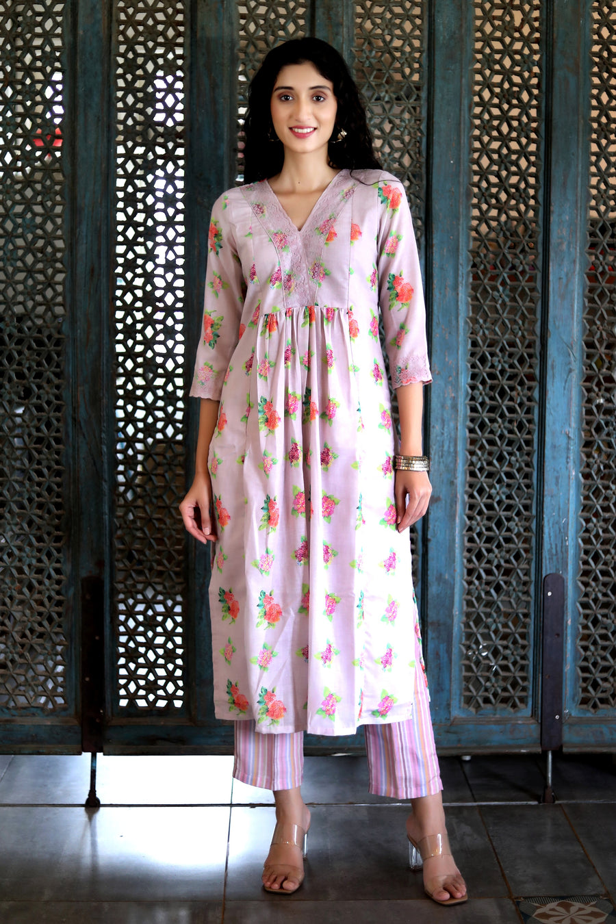 Lavender Lilac Cotton Patterned Kurta With Vintage Floral Design With Chanderi Dupatta - Kurta & Pant & Dupatta