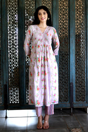 Lavender Lilac Cotton Patterned Kurta With Vintage Floral Design With Chanderi Dupatta - Kurta & Pant & Dupatta