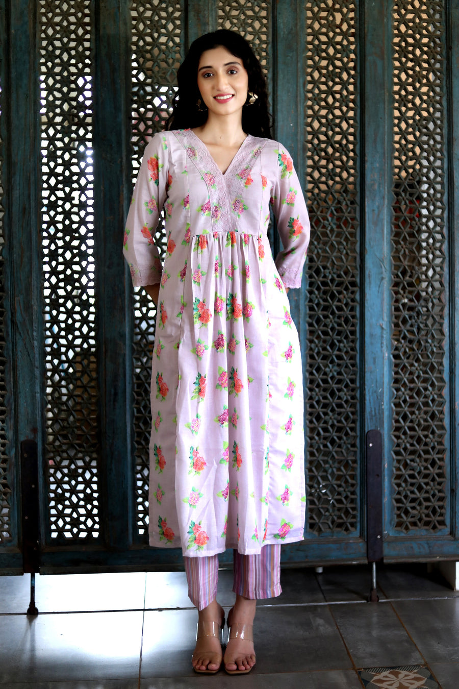 Lavender Lilac Cotton Patterned Kurta With Vintage Floral Design With Chanderi Dupatta - Kurta & Pant & Dupatta