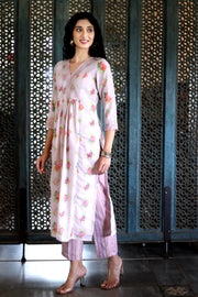 Lavender Lilac Cotton Patterned Kurta With Vintage Floral Design With Chanderi Dupatta - Kurta & Pant & Dupatta