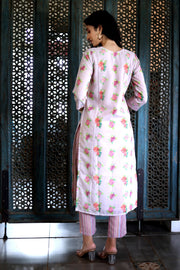 Lavender Lilac Cotton Patterned Kurta With Vintage Floral Design With Chanderi Dupatta - Kurta & Pant & Dupatta