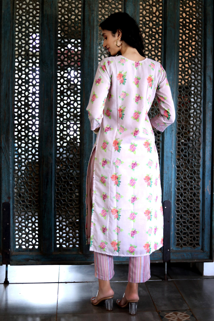 Lavender Lilac Cotton Patterned Kurta With Vintage Floral Design With Chanderi Dupatta - Kurta & Pant & Dupatta