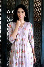 Lavender Lilac Cotton Patterned Kurta With Vintage Floral Design With Chanderi Dupatta - Kurta & Pant & Dupatta