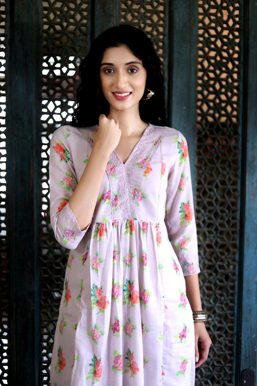 Lavender Lilac Cotton Patterned Kurta With Vintage Floral Design With Chanderi Dupatta - Kurta & Pant & Dupatta