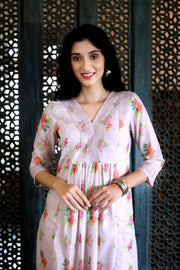 Lavender Lilac Cotton Patterned Kurta With Vintage Floral Design With Chanderi Dupatta - Kurta & Pant & Dupatta