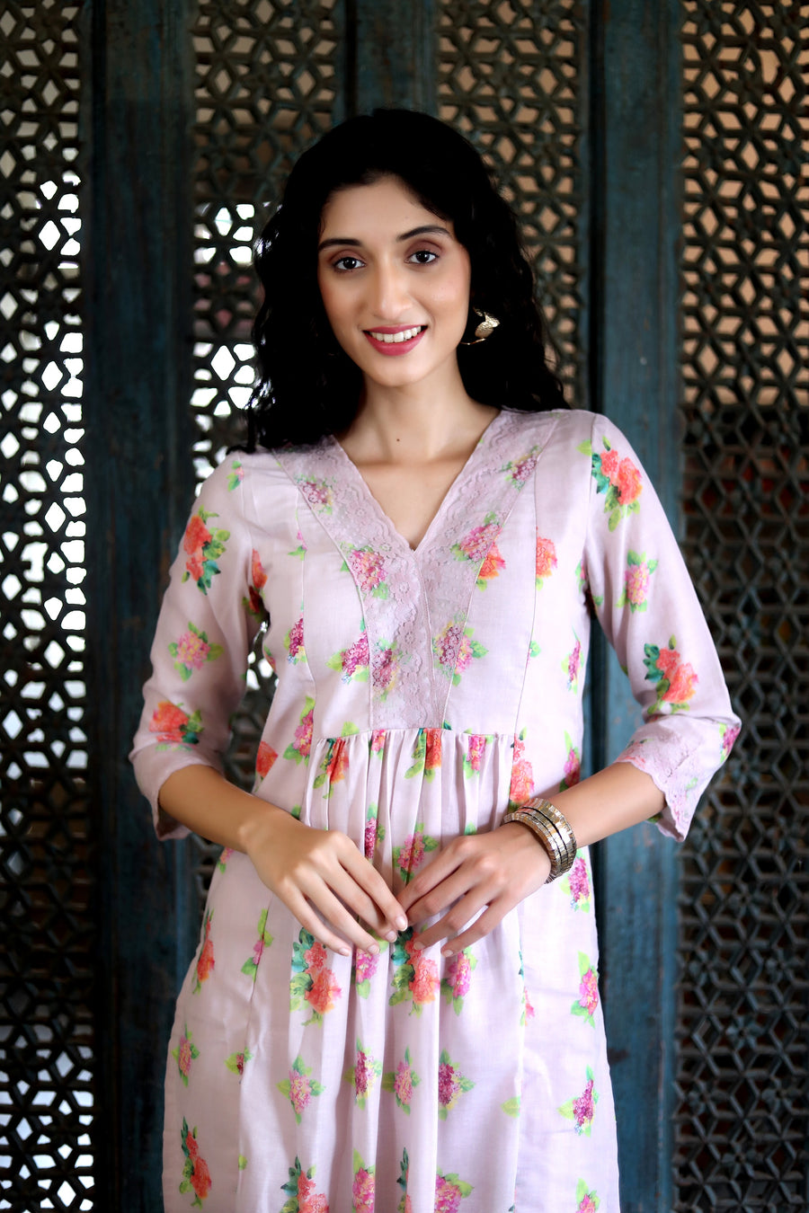 Lavender Lilac Cotton Patterned Kurta With Vintage Floral Design With Chanderi Dupatta - Kurta & Pant & Dupatta