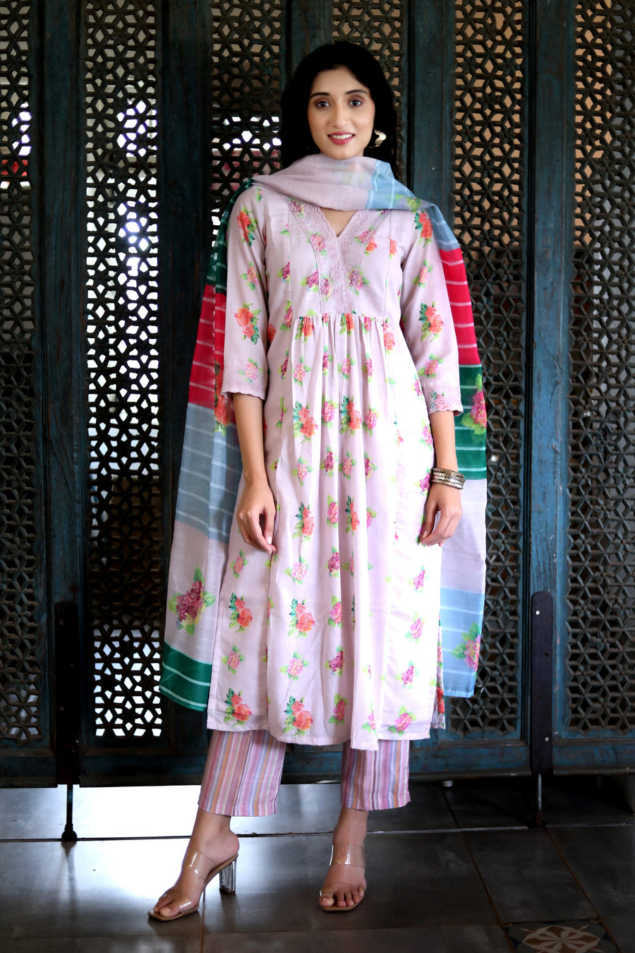 Lavender Lilac Cotton Patterned Kurta With Vintage Floral Design With Chanderi Dupatta - Kurta & Pant & Dupatta