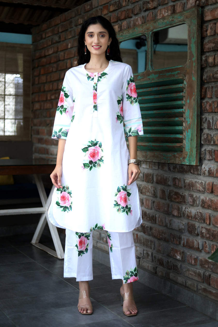 Alpine Snow Cotton Coord Set With Vintage Roses And Floral Pants - Kurta & Pant