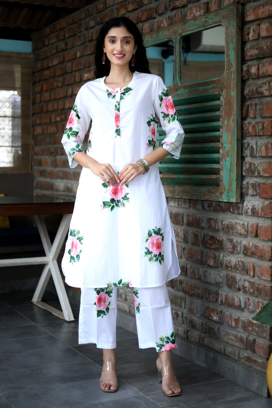 Alpine Snow Cotton Coord Set With Vintage Roses And Floral Pants - Kurta & Pant