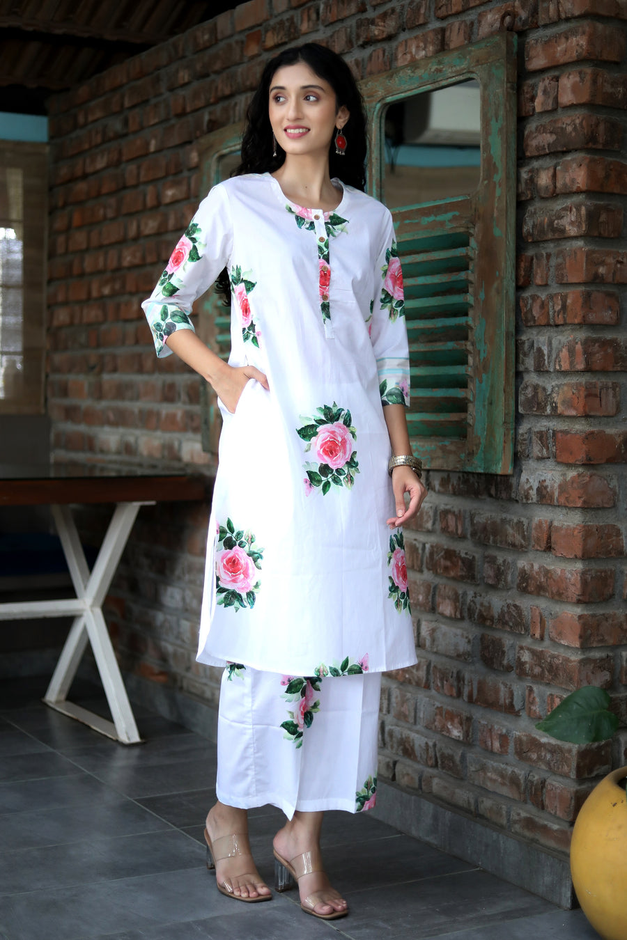 Alpine Snow Cotton Coord Set With Vintage Roses And Floral Pants - Kurta & Pant