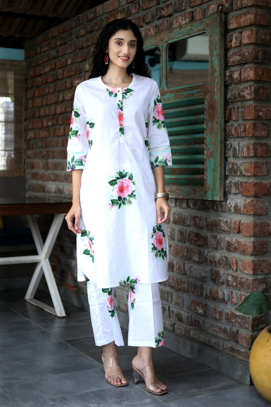 Alpine Snow Cotton Coord Set With Vintage Roses And Floral Pants - Kurta & Pant