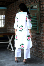 Alpine Snow Cotton Coord Set With Vintage Roses And Floral Pants - Kurta & Pant