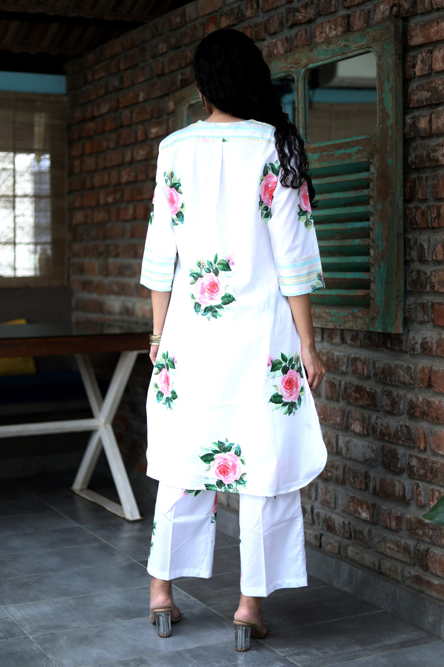 Alpine Snow Cotton Coord Set With Vintage Roses And Floral Pants - Kurta & Pant