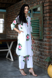 Alpine Snow Cotton Coord Set With Vintage Roses And Floral Pants - Kurta & Pant