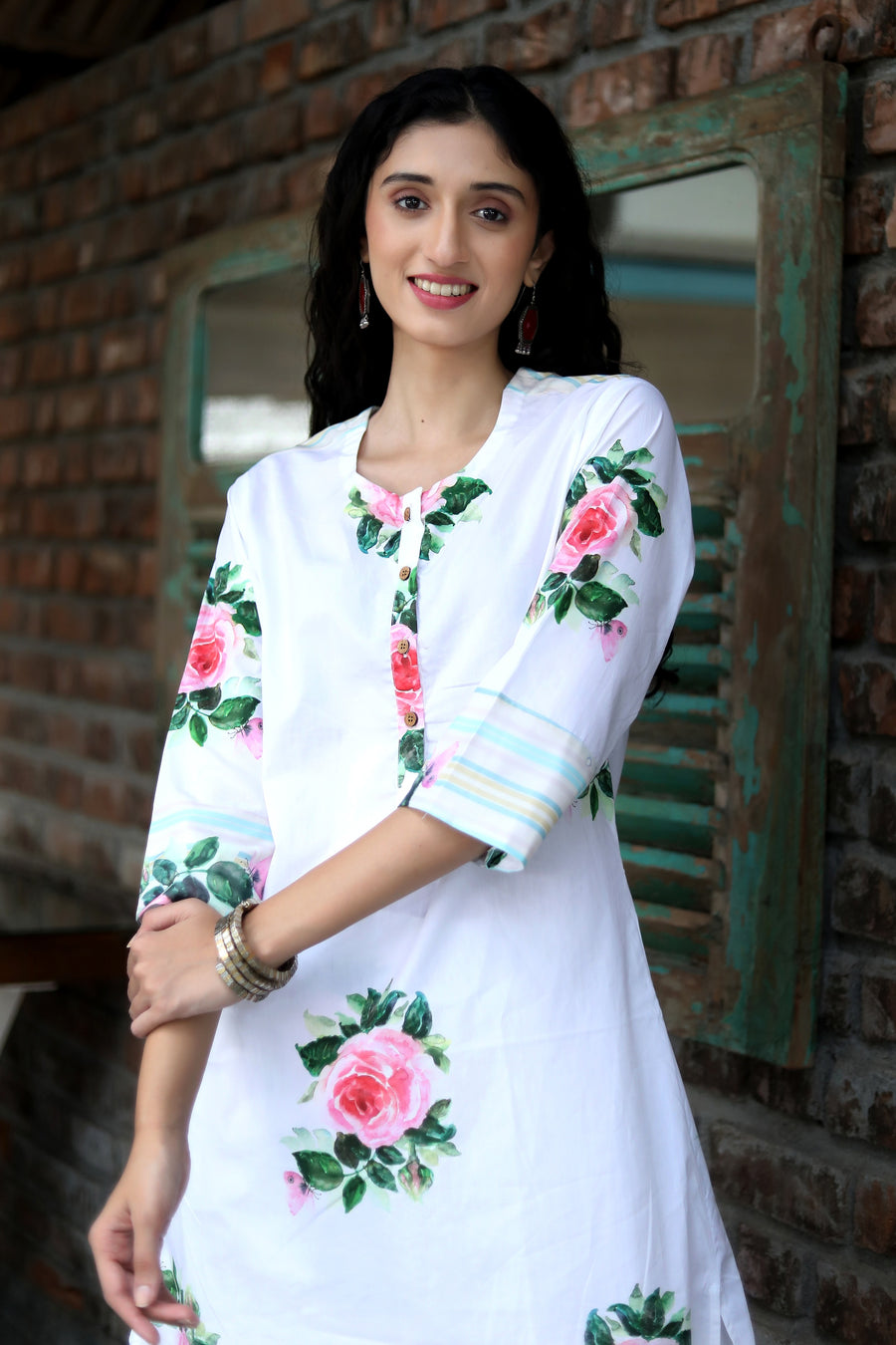 Alpine Snow Cotton Coord Set With Vintage Roses And Floral Pants - Kurta & Pant