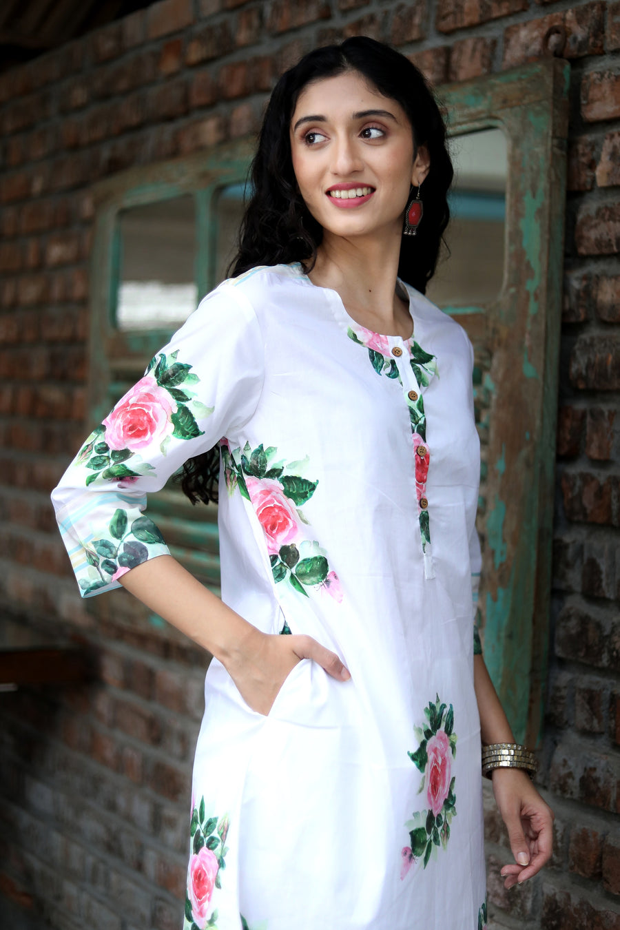 Alpine Snow Cotton Coord Set With Vintage Roses And Floral Pants - Kurta & Pant