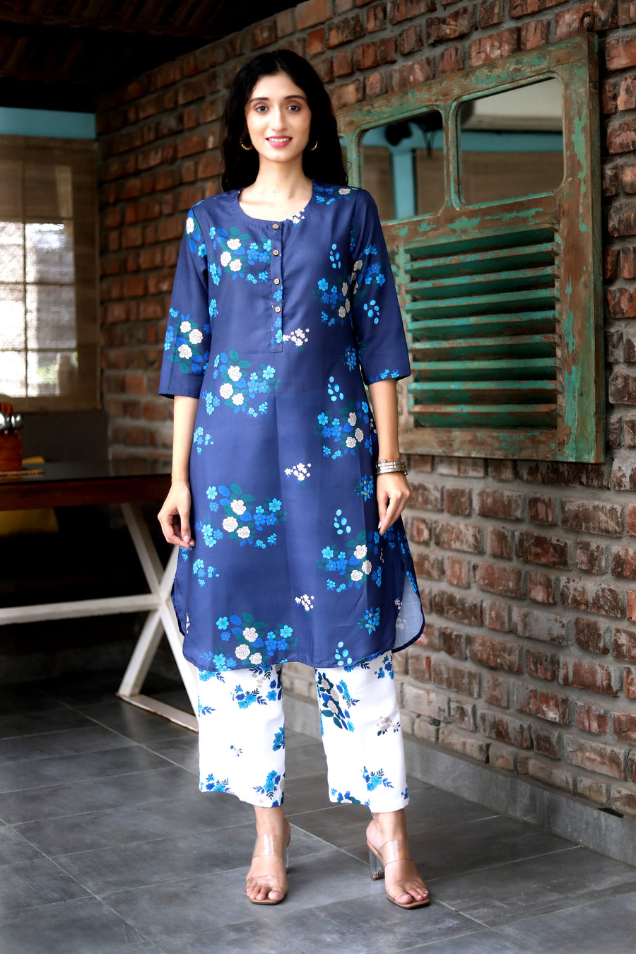 Mindnight Blue  Cord Set In Cotton  With Delicate Floral Print With Blue Prints Matching Cotton Pants - Kurta & Pant