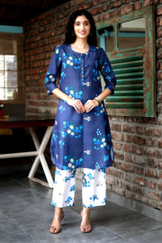 Mindnight Blue  Cord Set In Cotton  With Delicate Floral Print With Blue Prints Matching Cotton Pants - Kurta & Pant